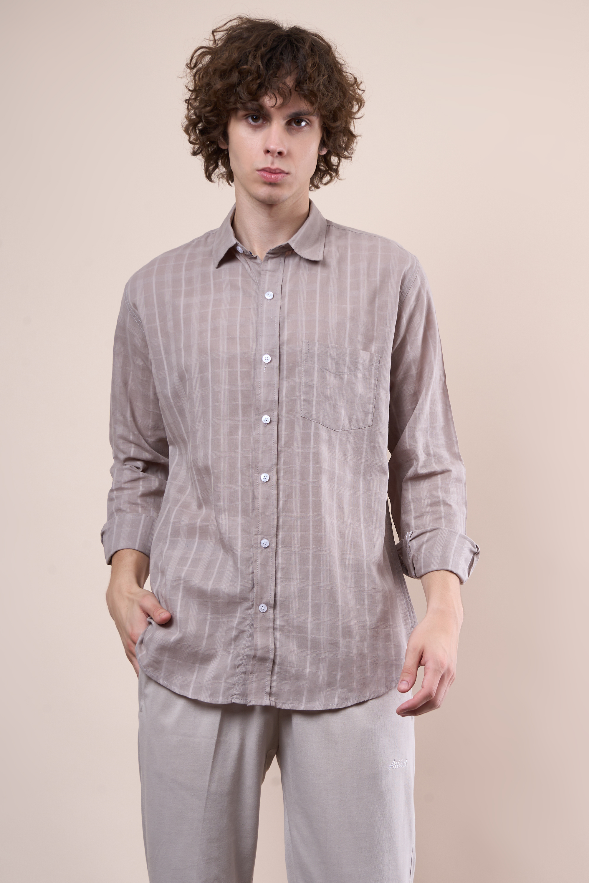 men’s black ikkat print cotton shirt front view on model for summer wear